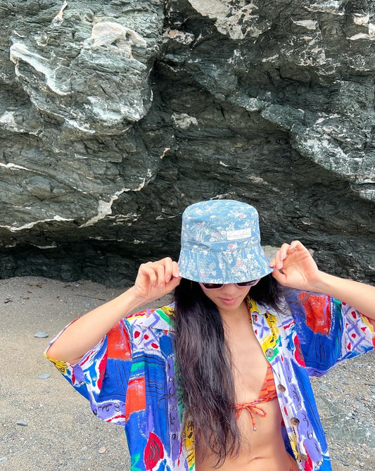 SOMBRERO DE LA TELA DE KIMONO RECICLADO・AO HANAGARA/AKA CHECKERED 青花柄/赤チェック