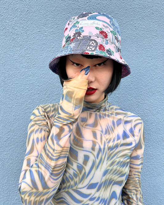 SOMBRERO DE LA TELA DE KIMONO RECICLADO - AKA HANAGARA 赤花柄
