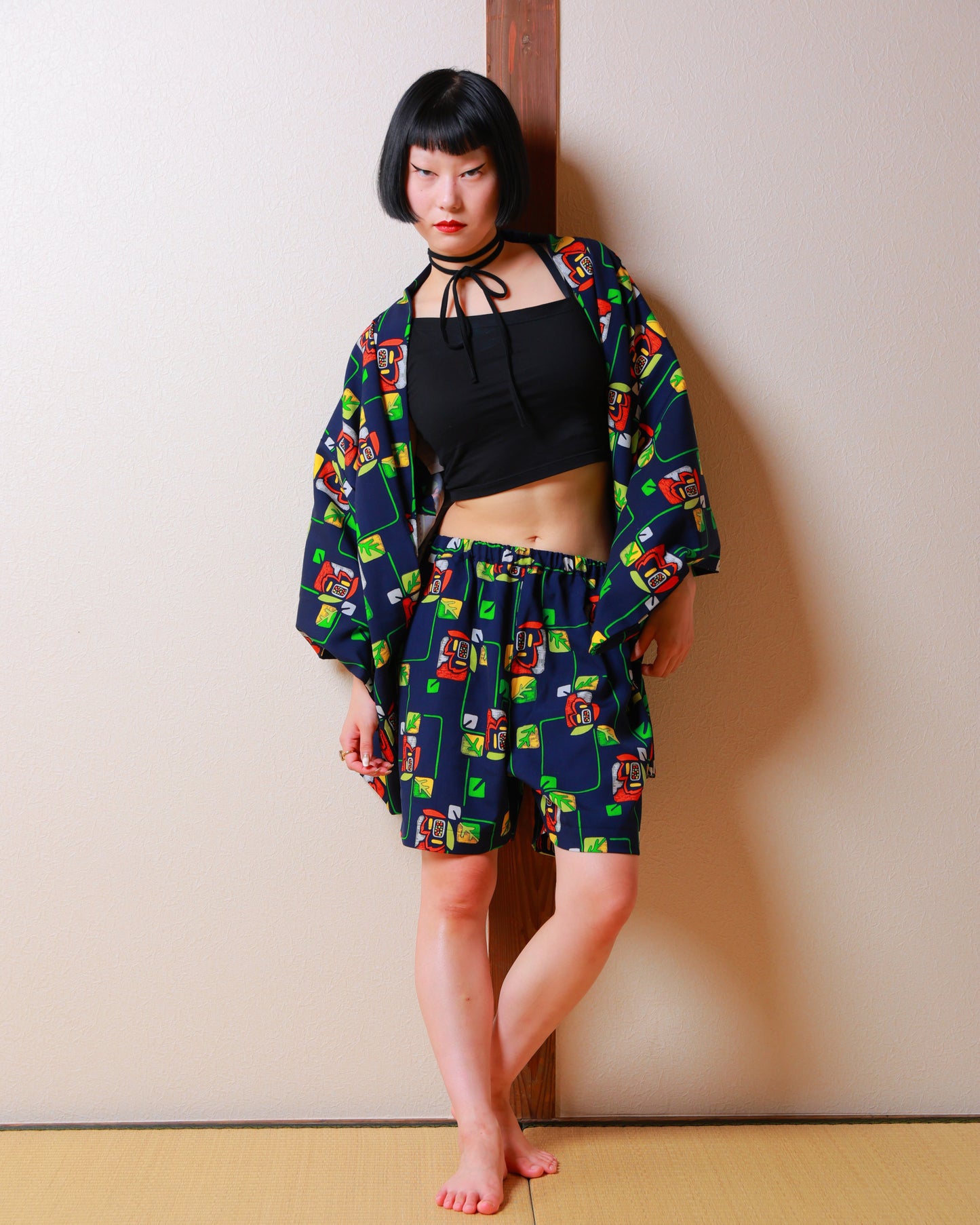 HAORI x UPCYCLED KIMONO UNISEX SHORTS SET・BARA 薔薇