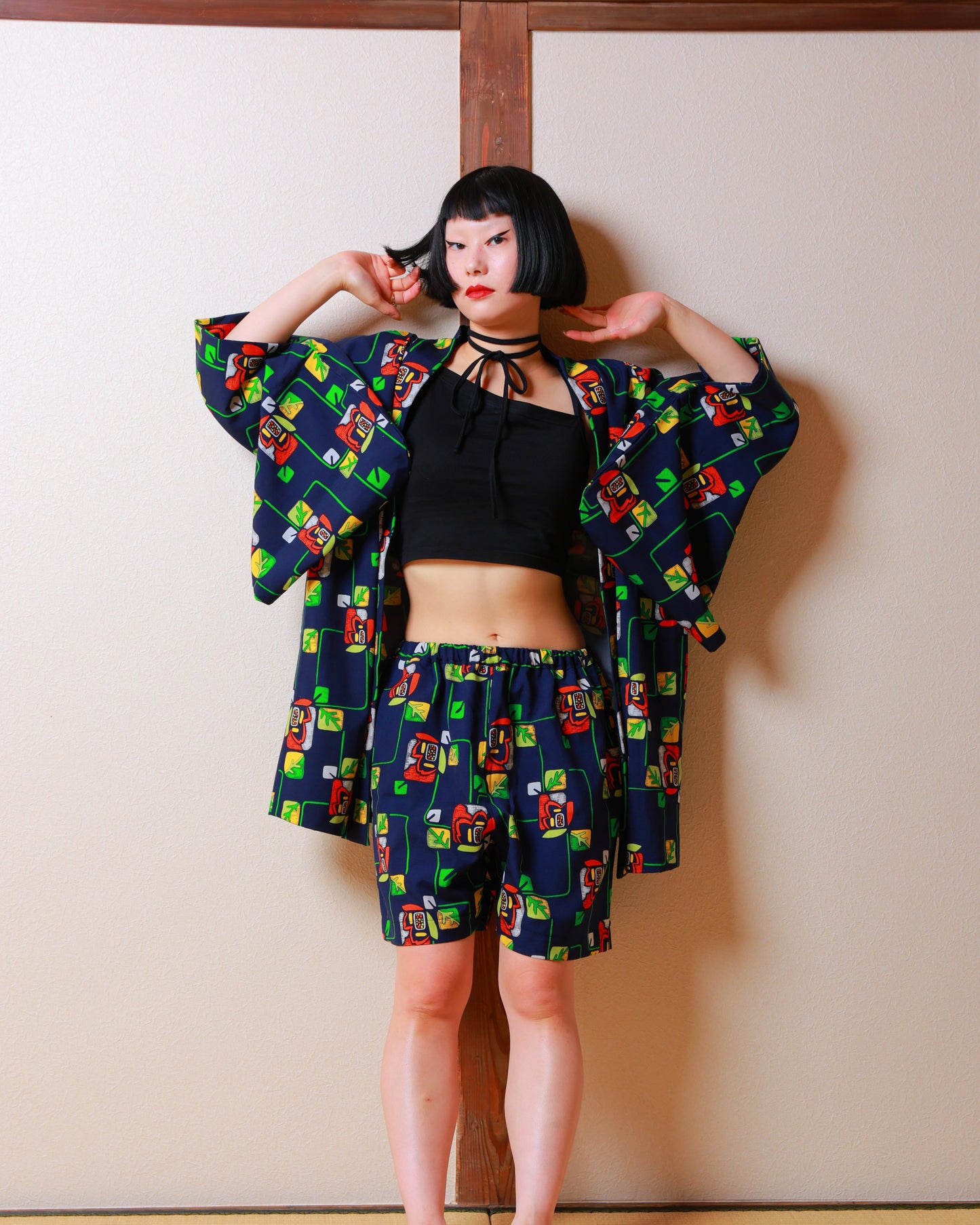 HAORI x UPCYCLED KIMONO UNISEX SHORTS SET・BARA 薔薇