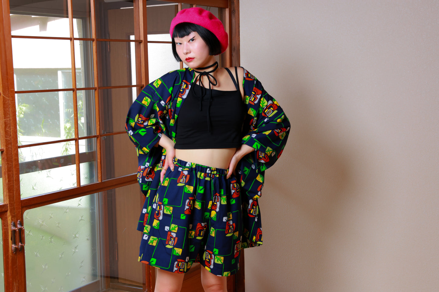 HAORI x UPCYCLED KIMONO UNISEX SHORTS SET・BARA 薔薇