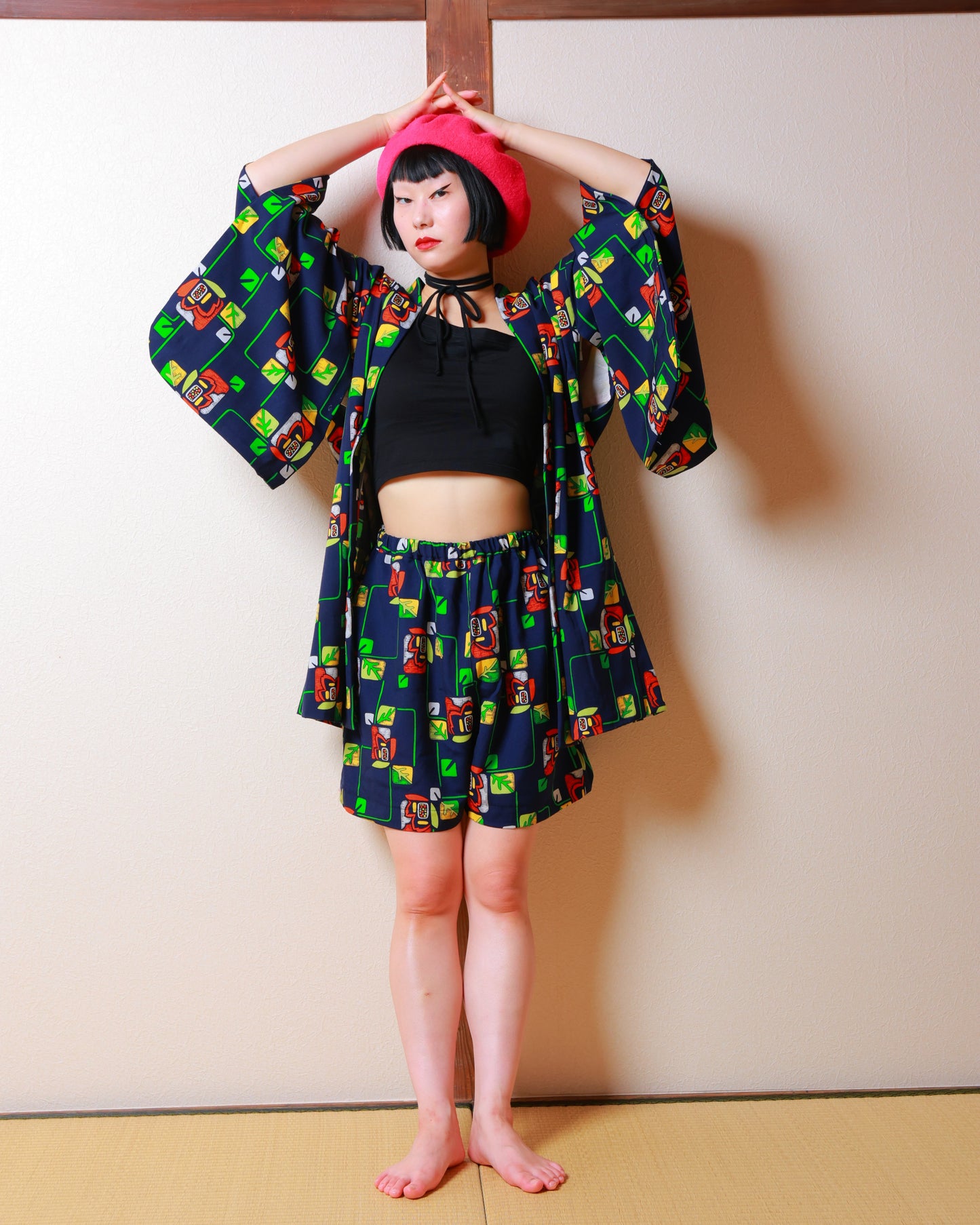HAORI x UPCYCLED KIMONO UNISEX SHORTS SET・BARA 薔薇