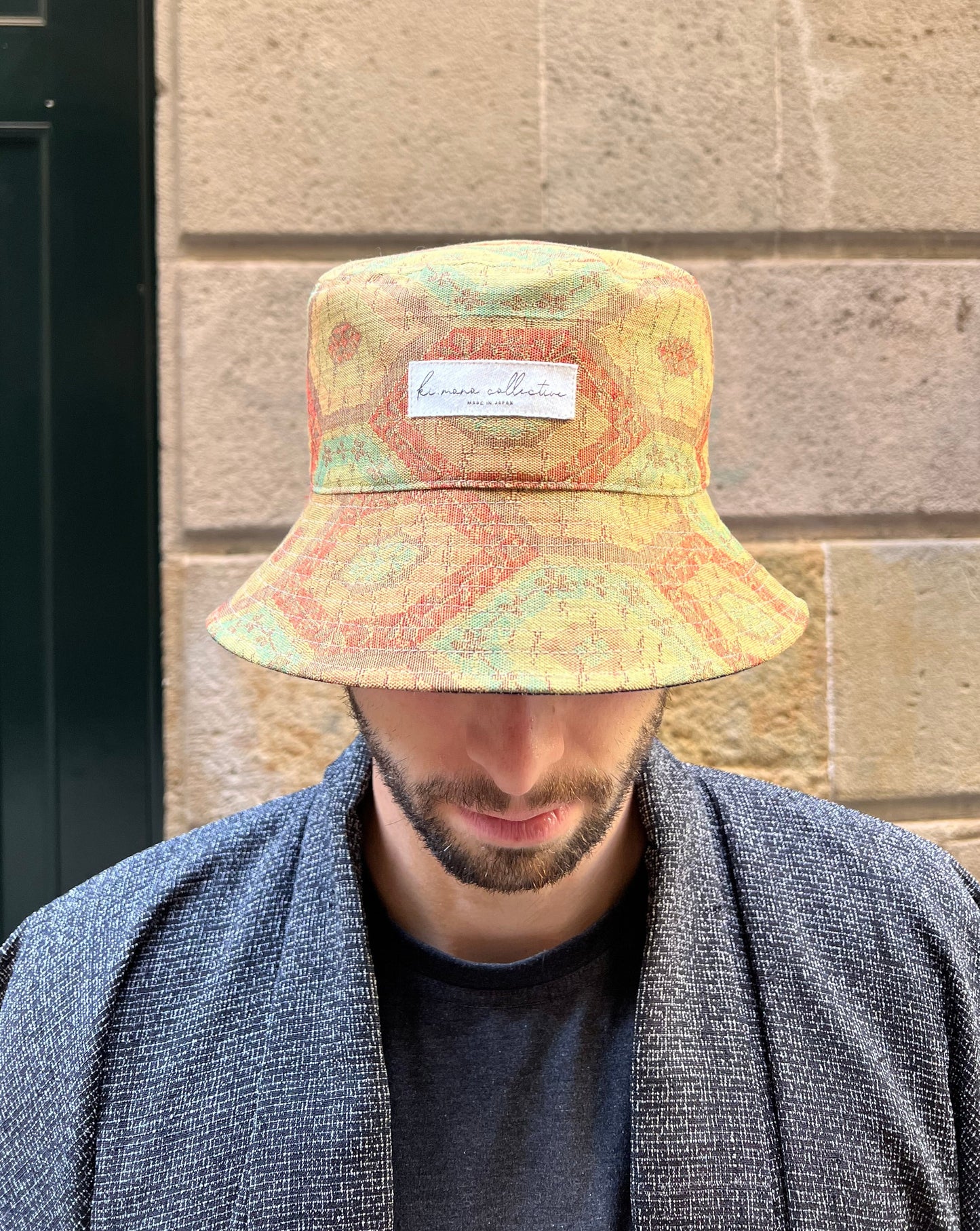 UPCYCLED KIMONO BUCKET HAT・ŌDOIRO+KONN 黄土色+紺