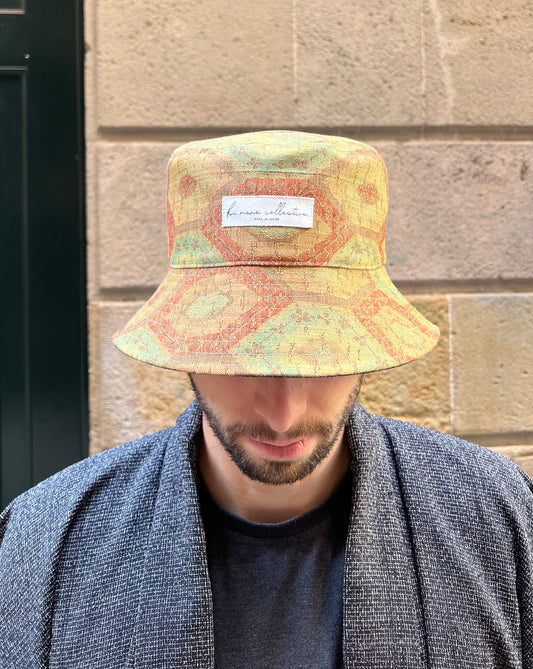 UPCYCLED KIMONO BUCKET HAT・ŌDOIRO+KONN 黄土色+紺
