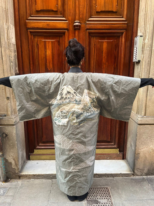 intage Japanese juban kimono with Mount Fuji landscape design, full back view showing traditional silhouette