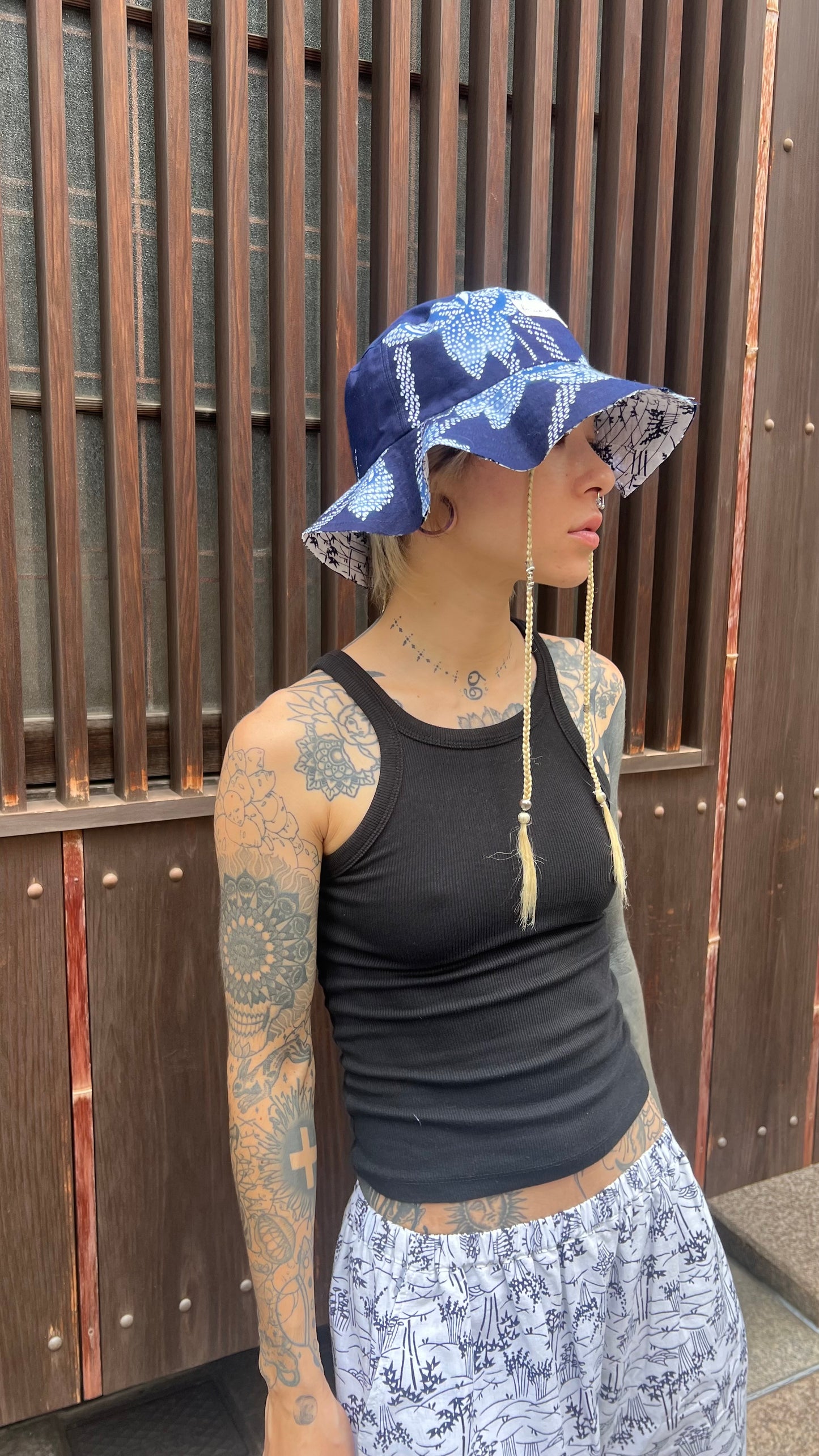 UPCYCLED YUKATA SUMMER HAT・AYAME アヤメ with TANABATA REVERSE SIDE