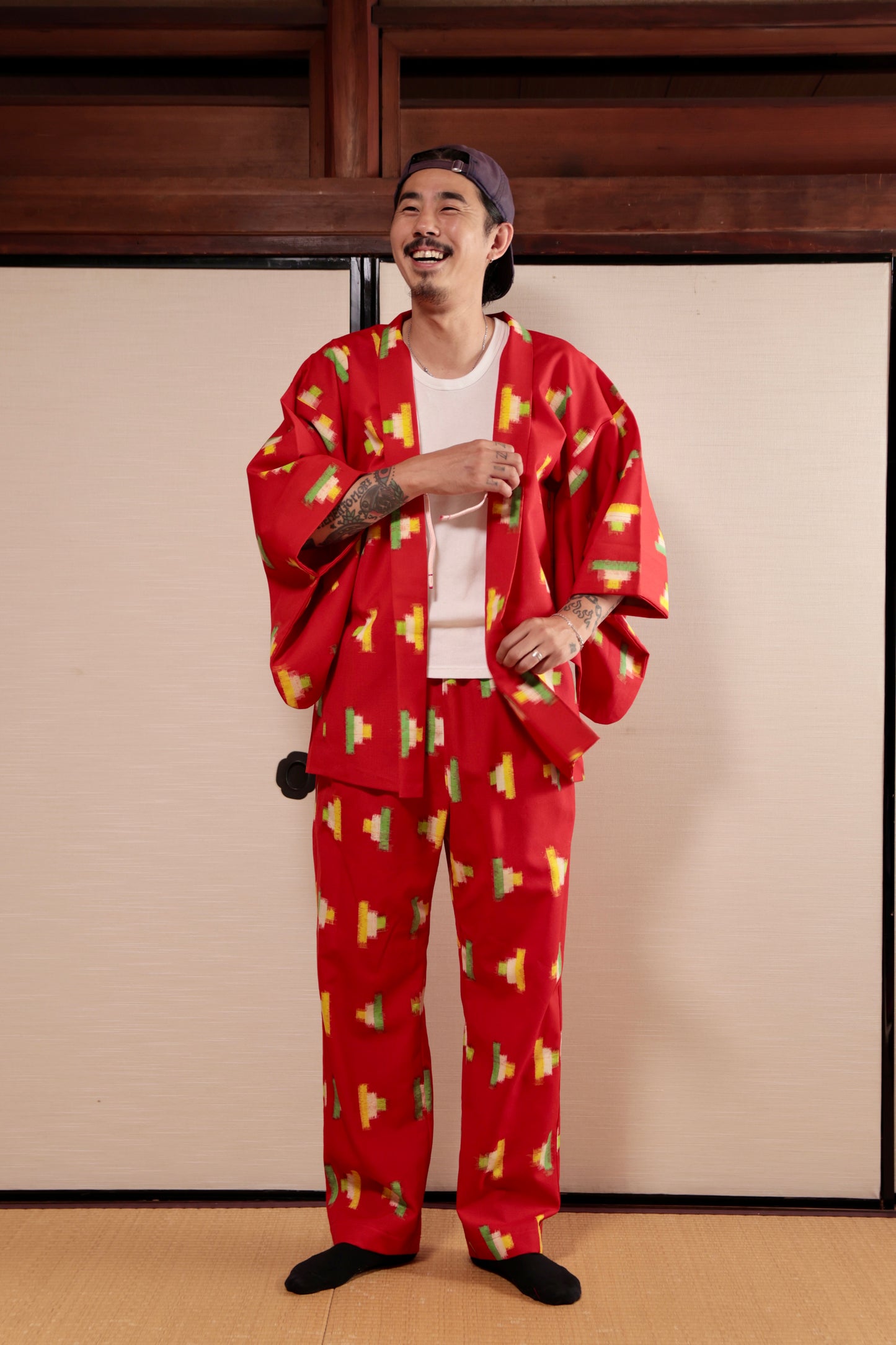 Haori x Upcycled Kimono Pants Set・AKA-GUMI 紅組