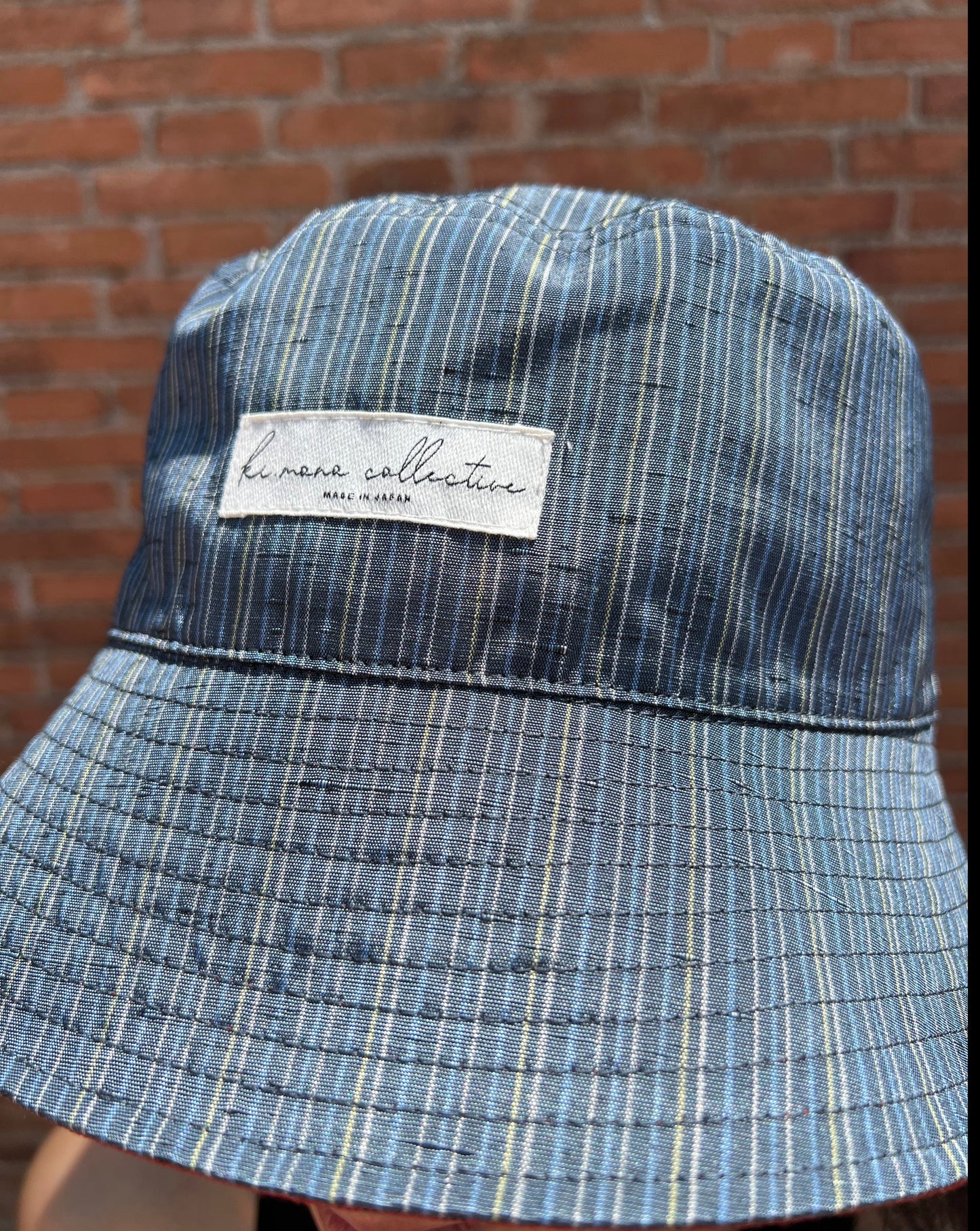 UPCYCLED KIMONO BUCKET HAT・STRIPE+AKA ストライプ+赤