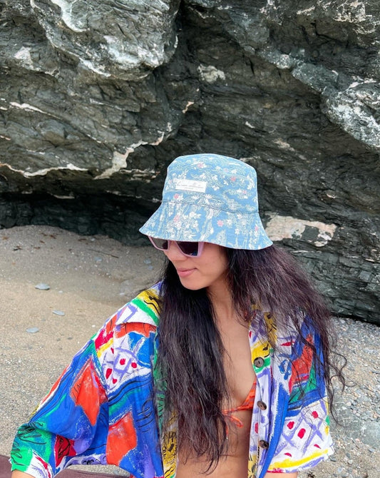 UPCYCLED KIMONO BUCKET HAT・AO HANAGARA/AKA CHECKERED 青花柄/赤チェック