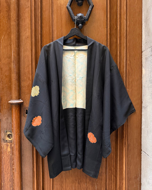 Vintage Black Silk Haori Jacket · Karakusa Botan 唐草牡丹