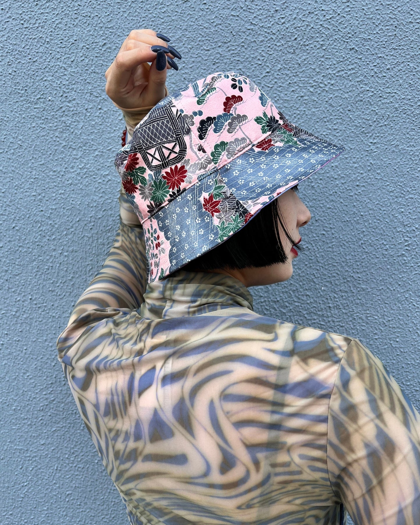 UPCYCLED KIMONO BUCKET HAT・PINK WAGARA ピンク和柄